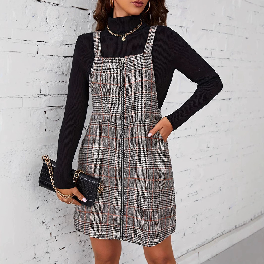 ZARA Spring Summer Plaid Suspender Skirt Zipper Cardigan A Line Dress